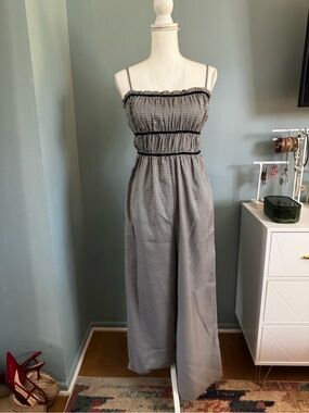 NWT VERNACULAR SmockingGingham Wide-Leg Jumpsuit Black White Small